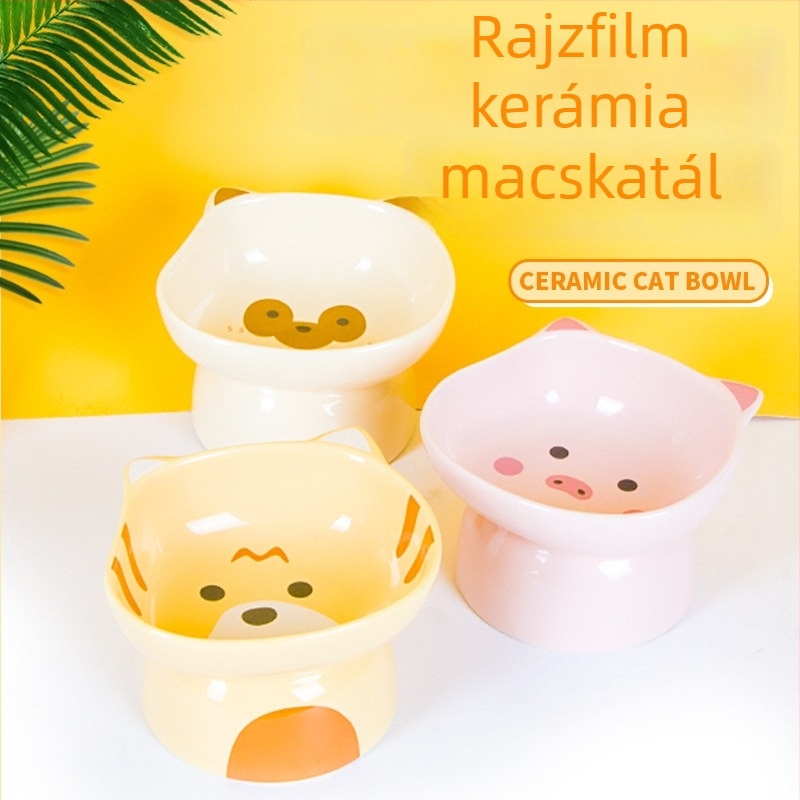 Pipai macska kerámia tál, nagy kapacitású, csúszásgátló, magas lábú a nyak támasztásáért