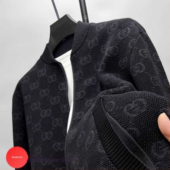 Férfi kardigán állógallérral, karcsú szabás, jacquard kötött, hosszú ujjú