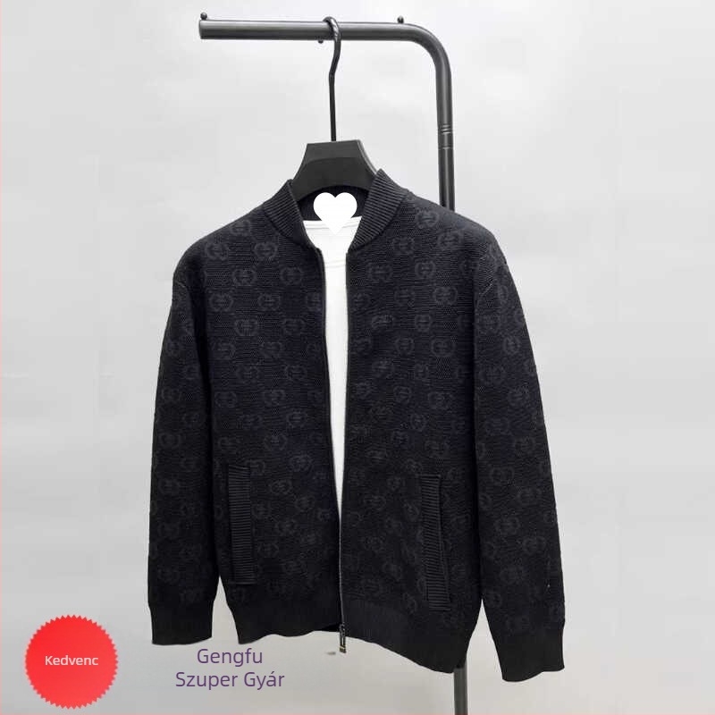 Férfi kardigán állógallérral, karcsú szabás, jacquard kötött, hosszú ujjú