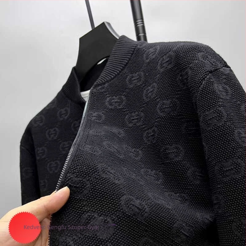 Férfi kardigán állógallérral, karcsú szabás, jacquard kötött, hosszú ujjú