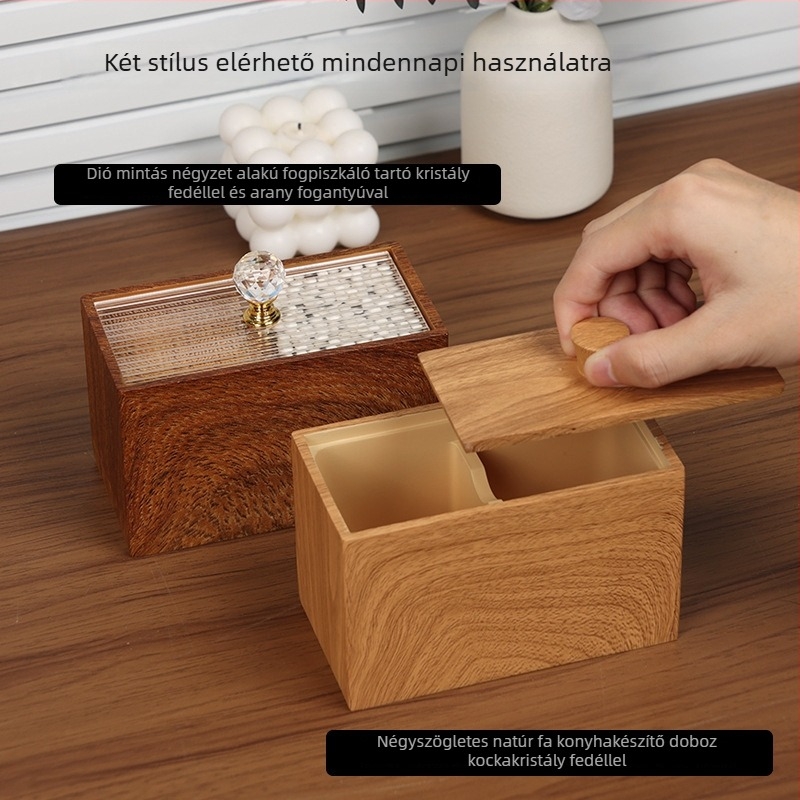 Gyanta anyagú fültisztító pálcika doboz diófa textúrával, osztott tárolás, 1 L kapacitás