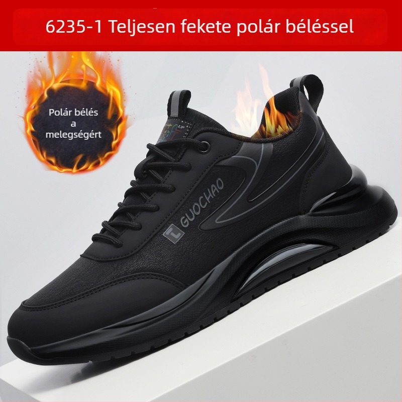 Férfi sportcipő, bőr felsőrész, fekete, puha talp, őszi-tavaszi stílus