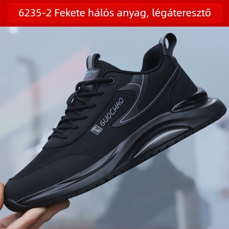 Férfi sportcipő, bőr felsőrész, fekete, puha talp, őszi-tavaszi stílus