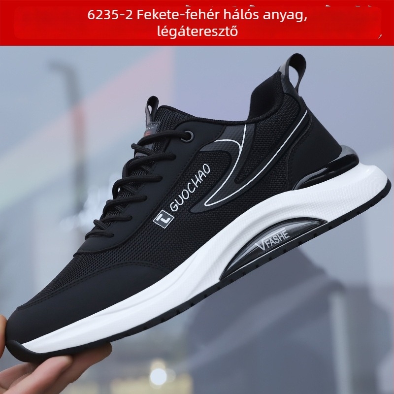 Férfi sportcipő, bőr felsőrész, fekete, puha talp, őszi-tavaszi stílus