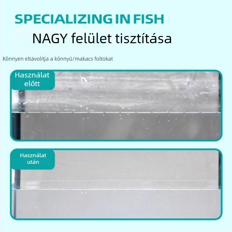 Kétoldalas üvegtisztító törlő a belső üvegfalakhoz; eltávolítja a mészkőlerakódást, vízfoltokat és foltokat; biztonságos a tartály számára; otthoni használatra; 2024-ben debütált