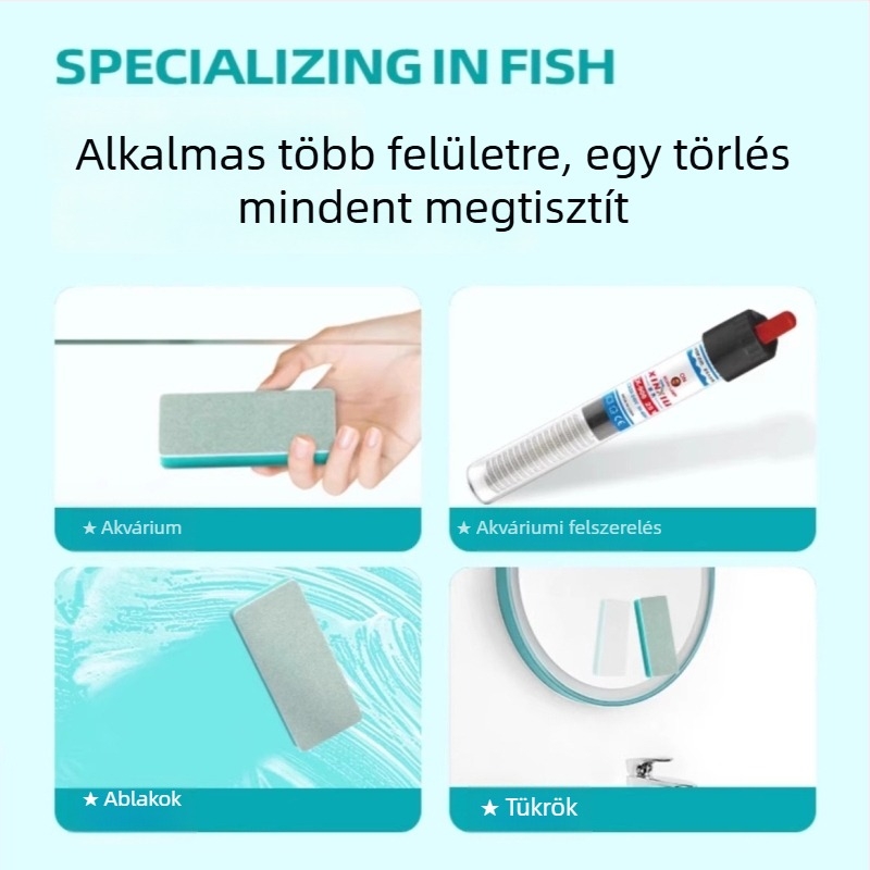 Kétoldalas üvegtisztító törlő a belső üvegfalakhoz; eltávolítja a mészkőlerakódást, vízfoltokat és foltokat; biztonságos a tartály számára; otthoni használatra; 2024-ben debütált