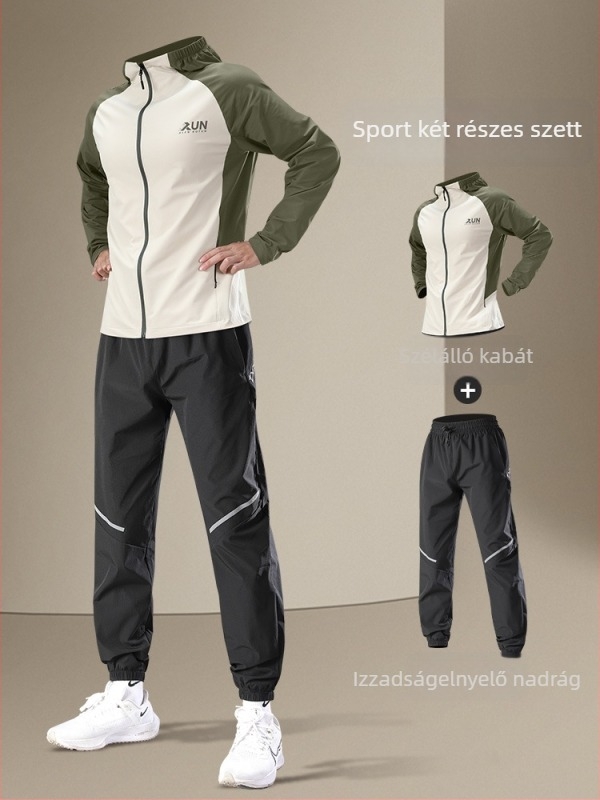 Férfi futó szett kapucnival, hosszú ujjú, szélvédett, vékony dizájn, poliészter anyag nylon béléssel, alkalmas téli, tavaszi és őszi edzésekhez