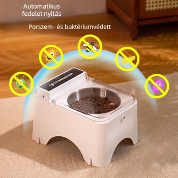 Macska etető tál automatikus nyitófedővel, műanyagból