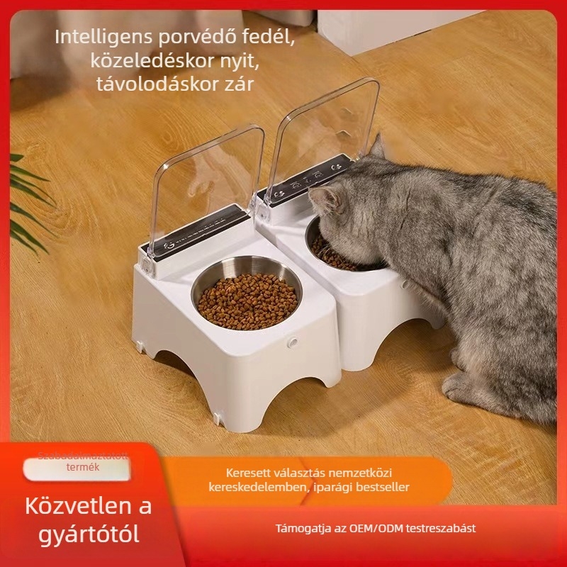 Macska etető tál automatikus nyitófedővel, műanyagból
