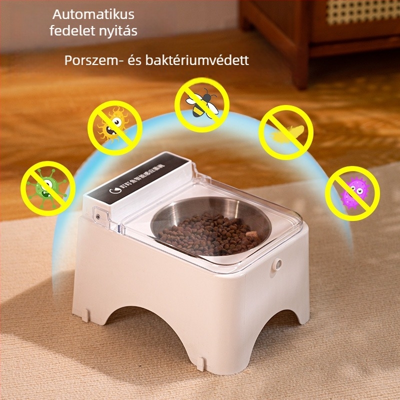 Macska etető tál automatikus nyitófedővel, műanyagból