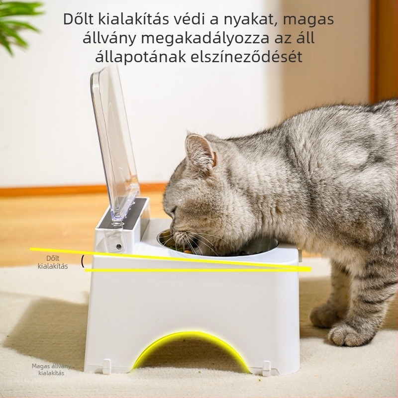 Macska etető tál automatikus nyitófedővel, műanyagból