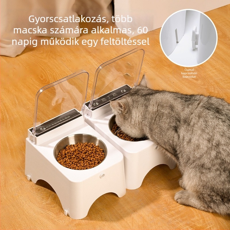 Macska etető tál automatikus nyitófedővel, műanyagból