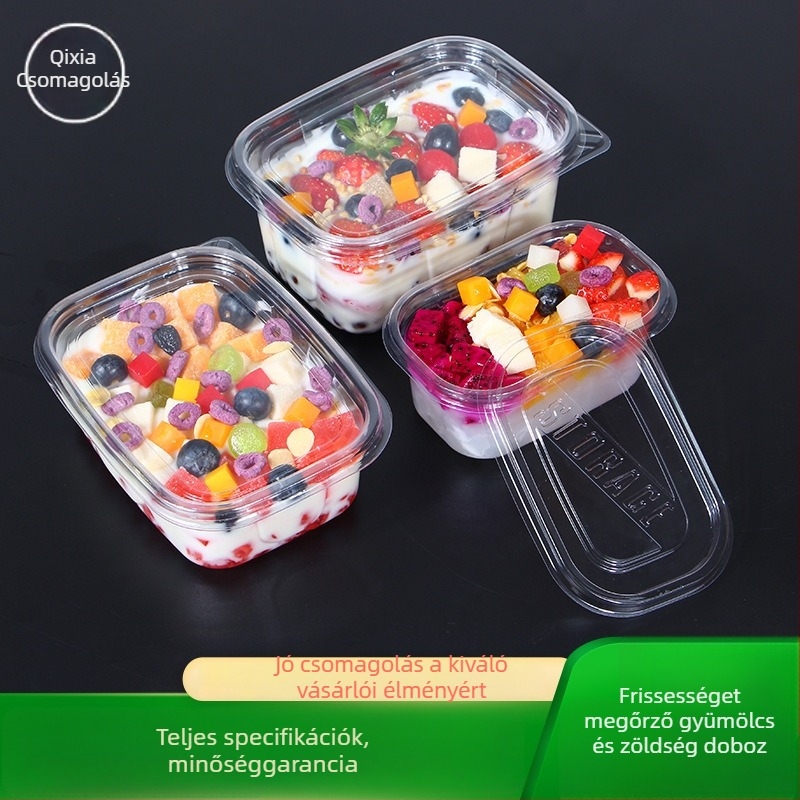 Egyszer használatos PET gyümölcsös doboz fedővel – élelmiszer minőségű műanyag, átlátszó, 280ml/483ml/709ml