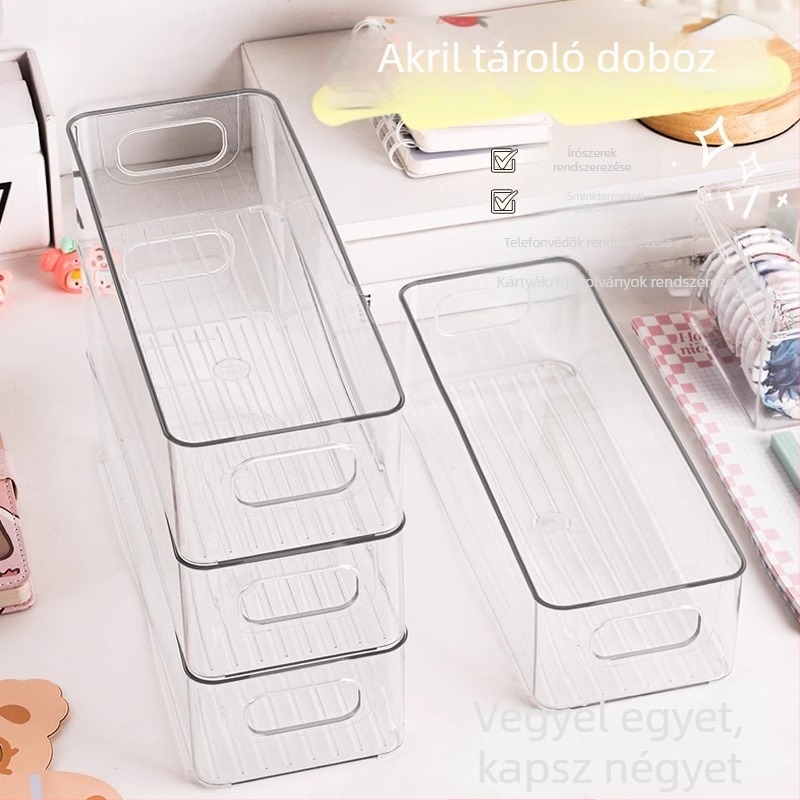 Asztali tároló doboz – Téglalap alakú, Fedél nélküli, Egymásra rakható, PET műanyag, Átlátszó, Fiók rendező
