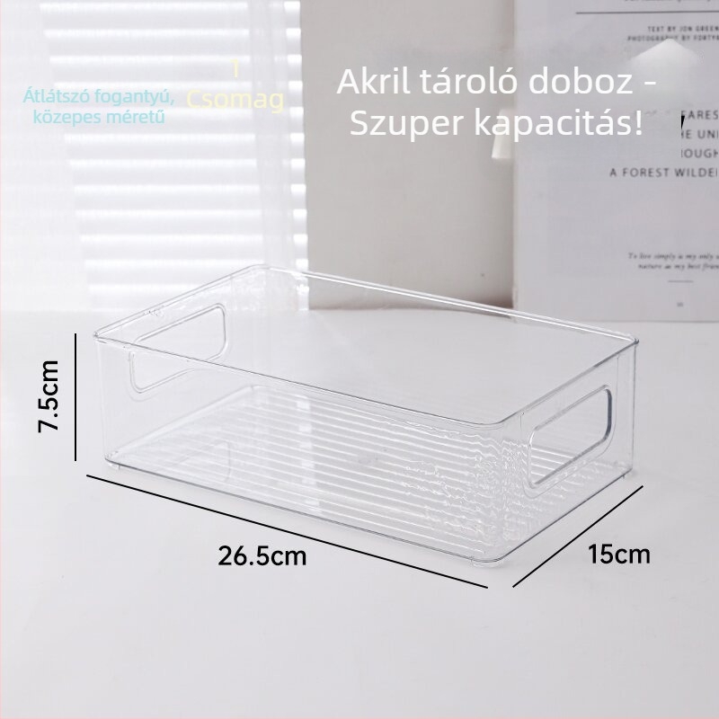 Asztali tároló doboz – Téglalap alakú, Fedél nélküli, Egymásra rakható, PET műanyag, Átlátszó, Fiók rendező