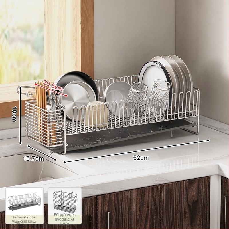 Kétszintes rozsdamentes acél edényállvány a mosogató széléhez, szárításra és tárolásra