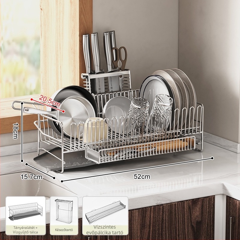 Kétszintes rozsdamentes acél edényállvány a mosogató széléhez, szárításra és tárolásra