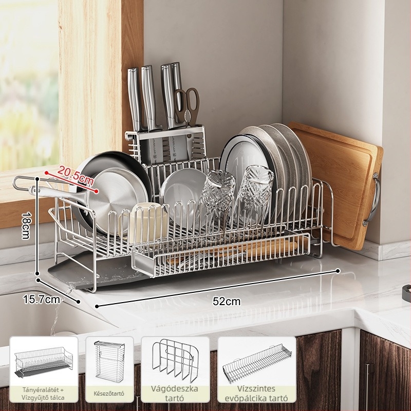 Kétszintes rozsdamentes acél edényállvány a mosogató széléhez, szárításra és tárolásra