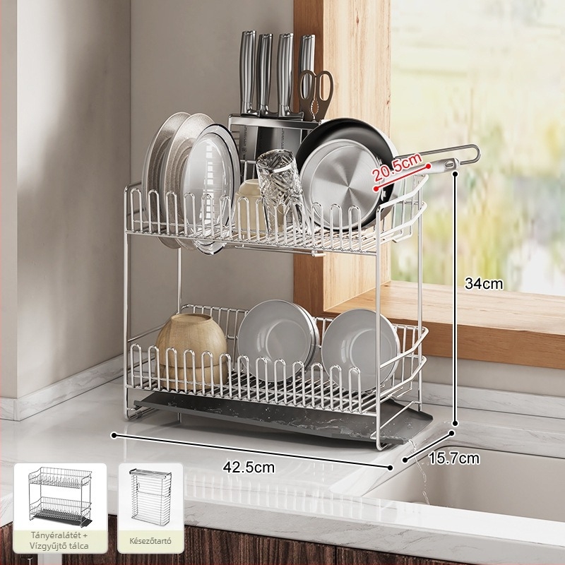 Kétszintes rozsdamentes acél edényállvány a mosogató széléhez, szárításra és tárolásra
