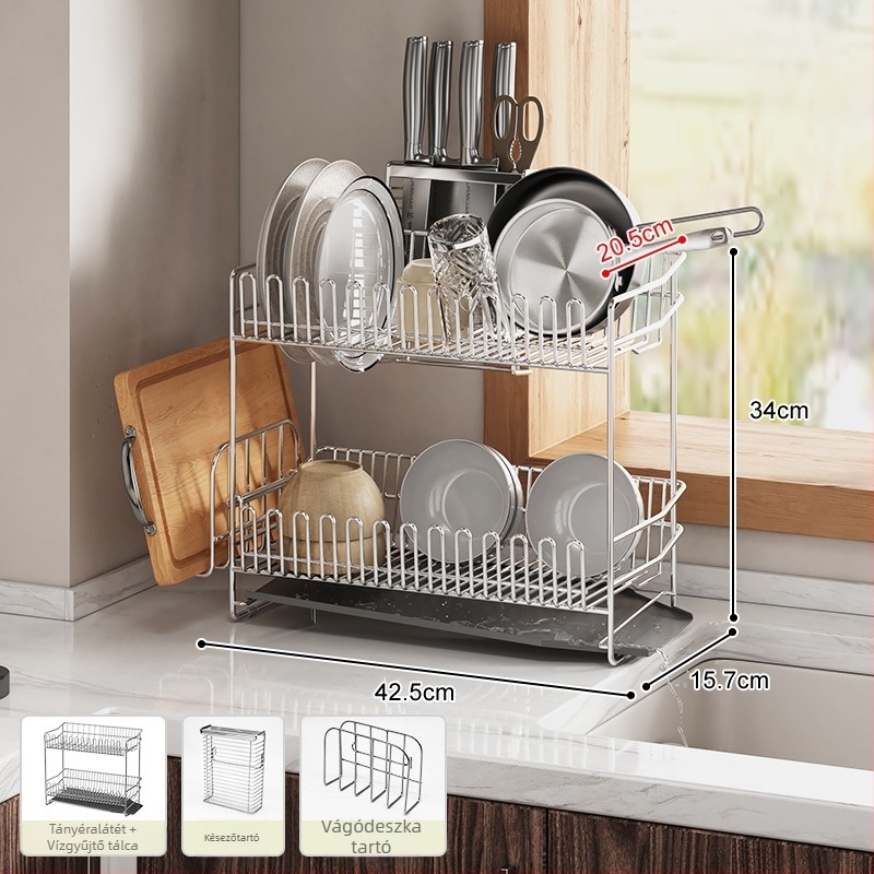 Kétszintes rozsdamentes acél edényállvány a mosogató széléhez, szárításra és tárolásra