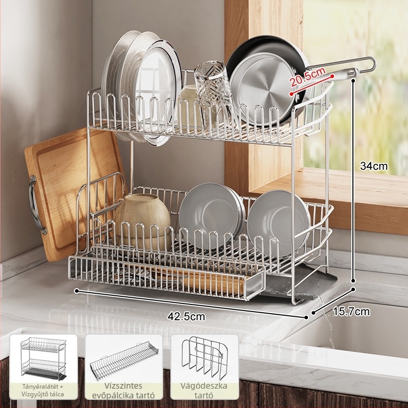 Kétszintes rozsdamentes acél edényállvány a mosogató széléhez, szárításra és tárolásra