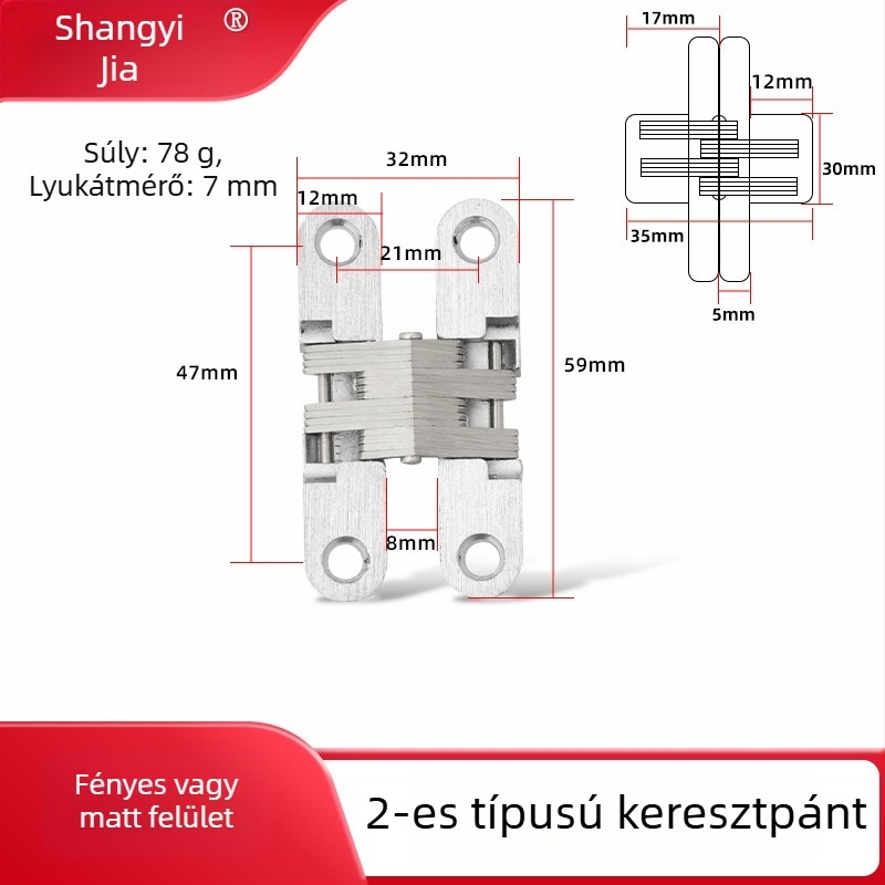 Rozsdamentes acél rejtett pánt fa ajtókhoz, keresztezett dizájn, polírozott felület