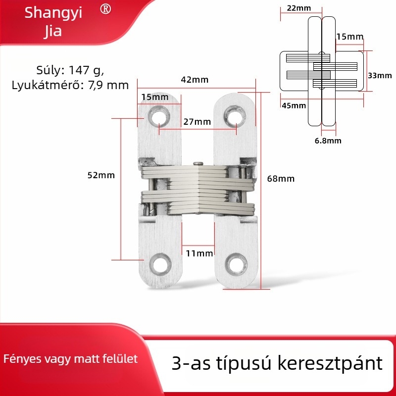 Rozsdamentes acél rejtett pánt fa ajtókhoz, keresztezett dizájn, polírozott felület