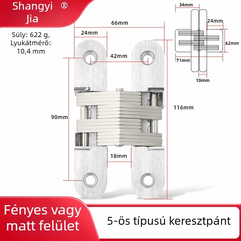 Rozsdamentes acél rejtett pánt fa ajtókhoz, keresztezett dizájn, polírozott felület