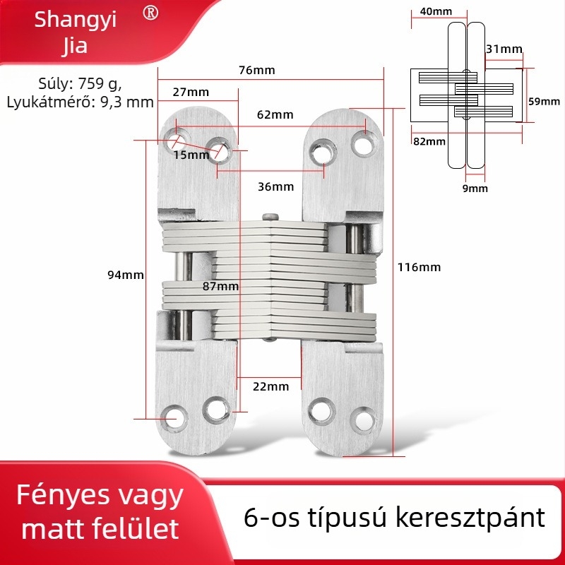 Rozsdamentes acél rejtett pánt fa ajtókhoz, keresztezett dizájn, polírozott felület