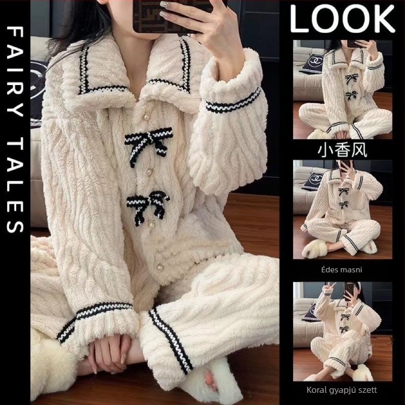 Női meleg pizsama készlet pamut-velúr anyagból fleece béléssel, otthoni használatra