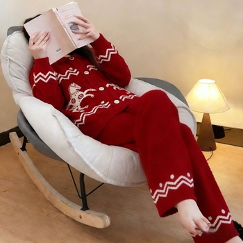 Mulberry Silk Ariel 2025 őszi vintage Fair Isle fél velúr pizsama készlet piros kardigánnal otthoni viselethez
