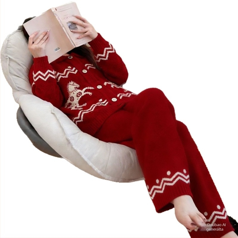 Mulberry Silk Ariel 2025 őszi vintage Fair Isle fél velúr pizsama készlet piros kardigánnal otthoni viselethez
