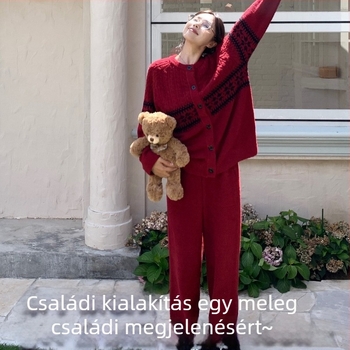 Női fél-velúr pizsama szett, kardigán gombos, kerek nyakú, hosszú ujjú, vastag anyag, külső viselésre is alkalmas