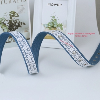 Denim öv ötvözet csattal, tűs záródással, szélesség 2–4 cm, hossz 103 cm