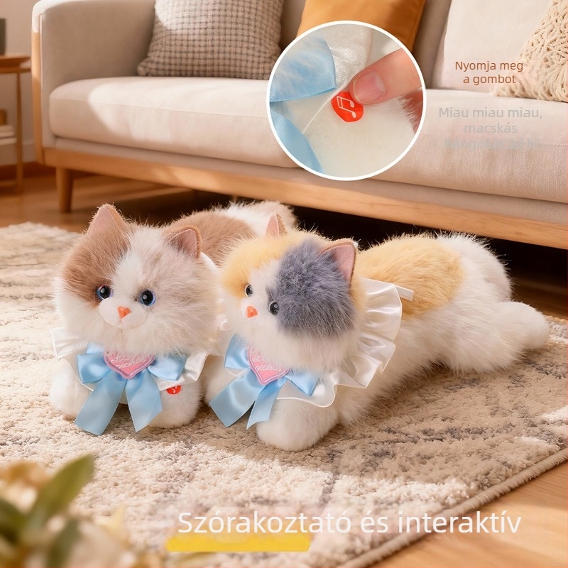 Ragdoll macska plüssjáték érintésre hanggal, hátizsákos baba