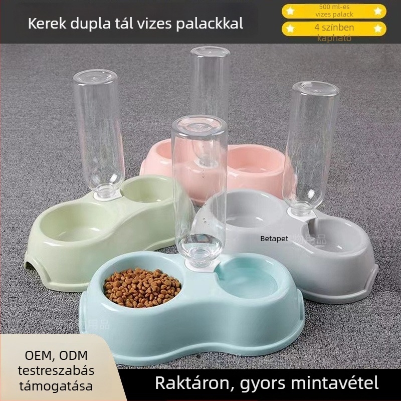 Macska- és kutyatál, kettős használatú, automata vízadagolóval és integrált etetővel