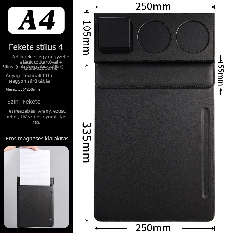 Bőr A4 konferencia-klipboard egypontos klipekkel – modell 666888; Anyag: bőr; Típus: egy klipe; Illeszkedik papirhoz A4; Lemez vastagsága: 10 mm