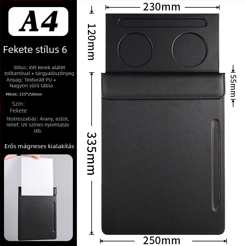 Bőr A4 konferencia-klipboard egypontos klipekkel – modell 666888; Anyag: bőr; Típus: egy klipe; Illeszkedik papirhoz A4; Lemez vastagsága: 10 mm