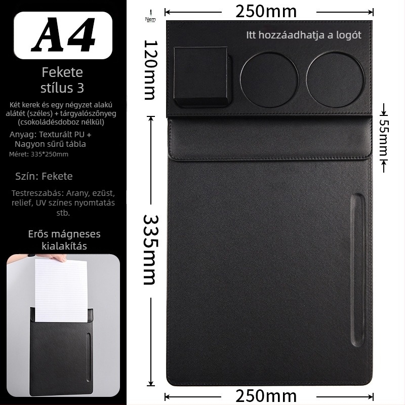 Bőr A4 konferencia-klipboard egypontos klipekkel – modell 666888; Anyag: bőr; Típus: egy klipe; Illeszkedik papirhoz A4; Lemez vastagsága: 10 mm