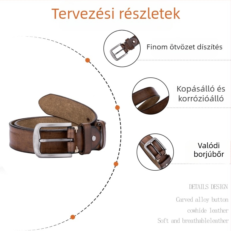 Férfi öv valódi bőrből, első réteg marhahúrból, ötvözetes csat, tűs zár, vintage stílus