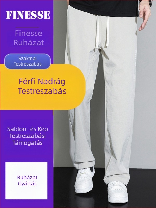 Férfi egyenes szabású casual nadrág, középmagas derekú, 100% pamut, egyszínű, lélegző, tavasz–őszre