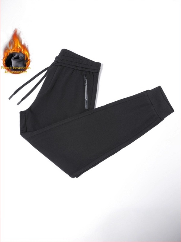 Férfi téli fleece-béléses nadrág, húzózsinórral, slim szabás, egyenes szár, viszkóz keverék