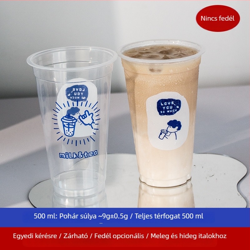 Átlátszó egyszer használatos műanyag pohár tejteához fedővel, 500/700 ml kapacitás, biológiailag lebomló