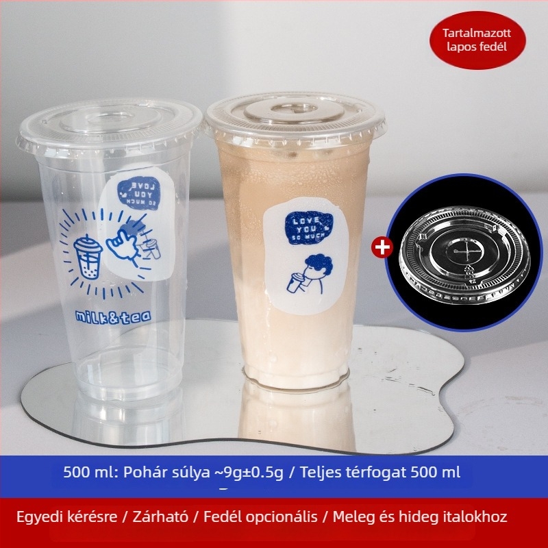 Átlátszó egyszer használatos műanyag pohár tejteához fedővel, 500/700 ml kapacitás, biológiailag lebomló