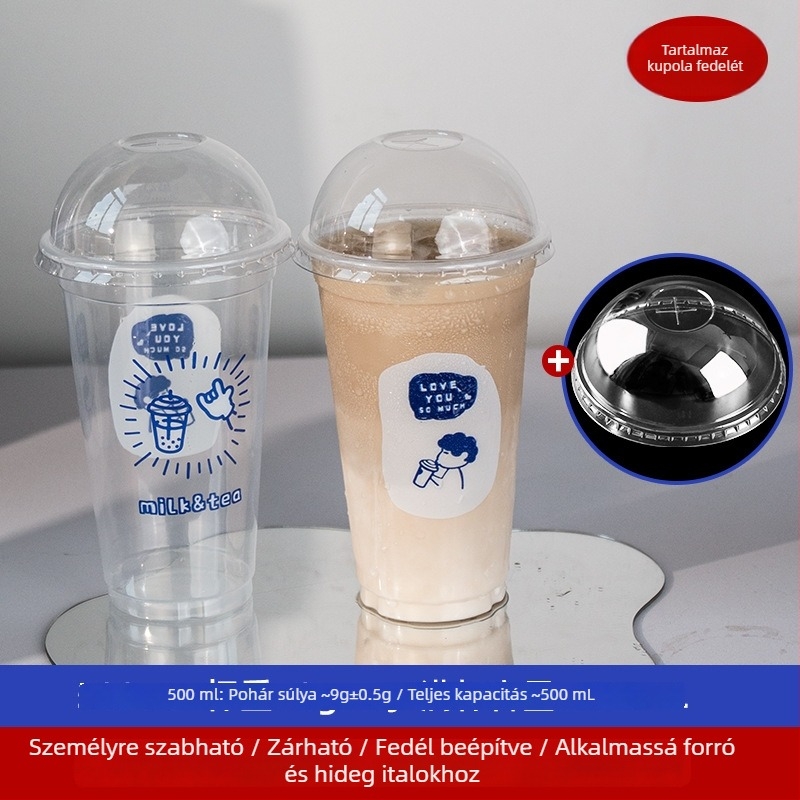 Átlátszó egyszer használatos műanyag pohár tejteához fedővel, 500/700 ml kapacitás, biológiailag lebomló