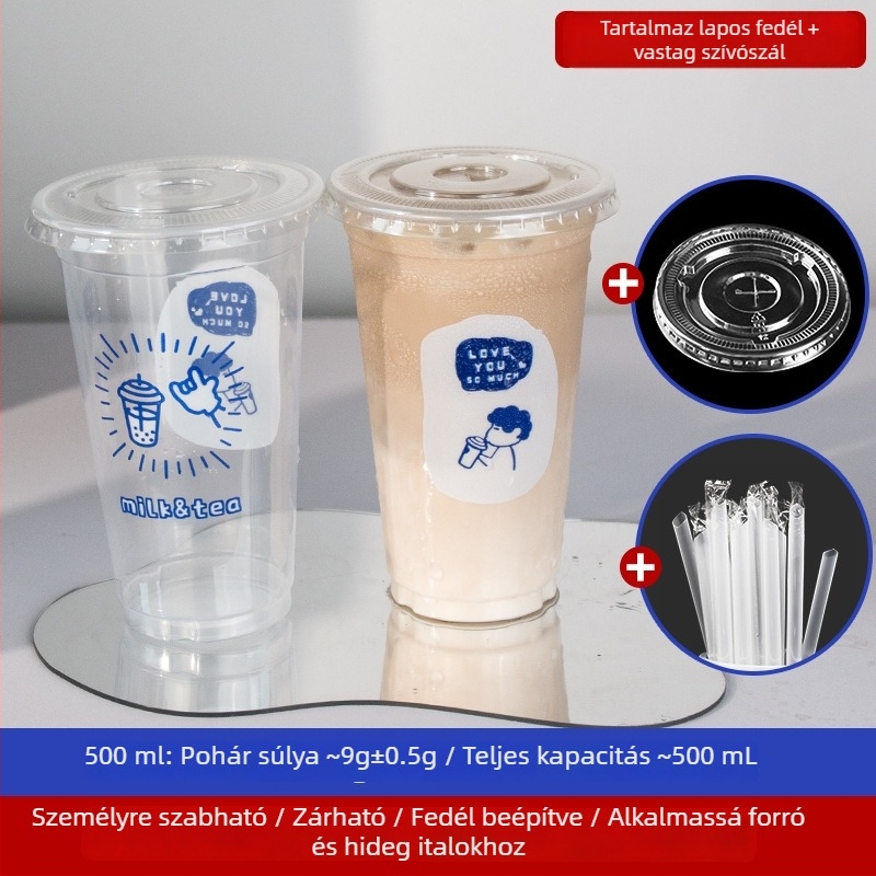Átlátszó egyszer használatos műanyag pohár tejteához fedővel, 500/700 ml kapacitás, biológiailag lebomló