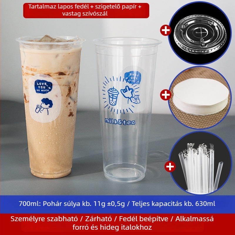 Átlátszó egyszer használatos műanyag pohár tejteához fedővel, 500/700 ml kapacitás, biológiailag lebomló