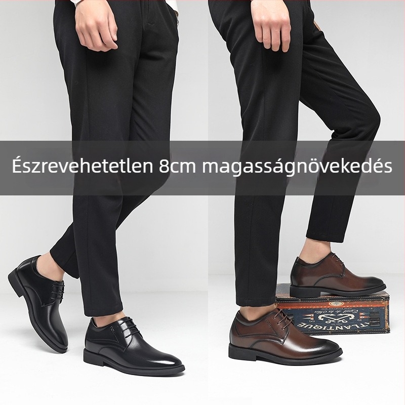 Combe férfi bőrből készült hivatalos cipő, valódi bőr, lélegző, magasságot növelő, hegyes orrú, fűzős, gumírozott talp