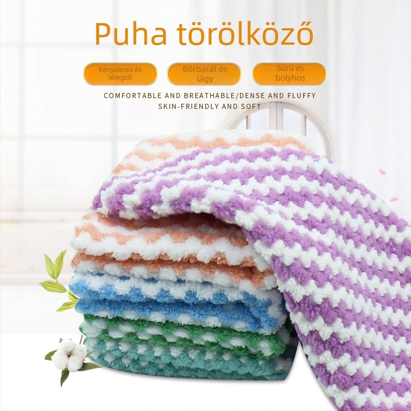 Gyerekek Coral Fleece törölköző, 25 g, 10 szál, egyfonalas fonal, hurkolt él, 0–5 s nedvességfelszívás