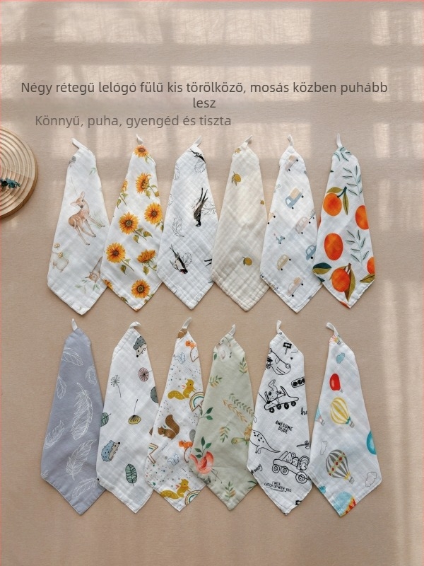 Négy réteg géz bébi négyzet alakú törölköző – 70% bambuszrost, 30% gyapot; nedvszívó.